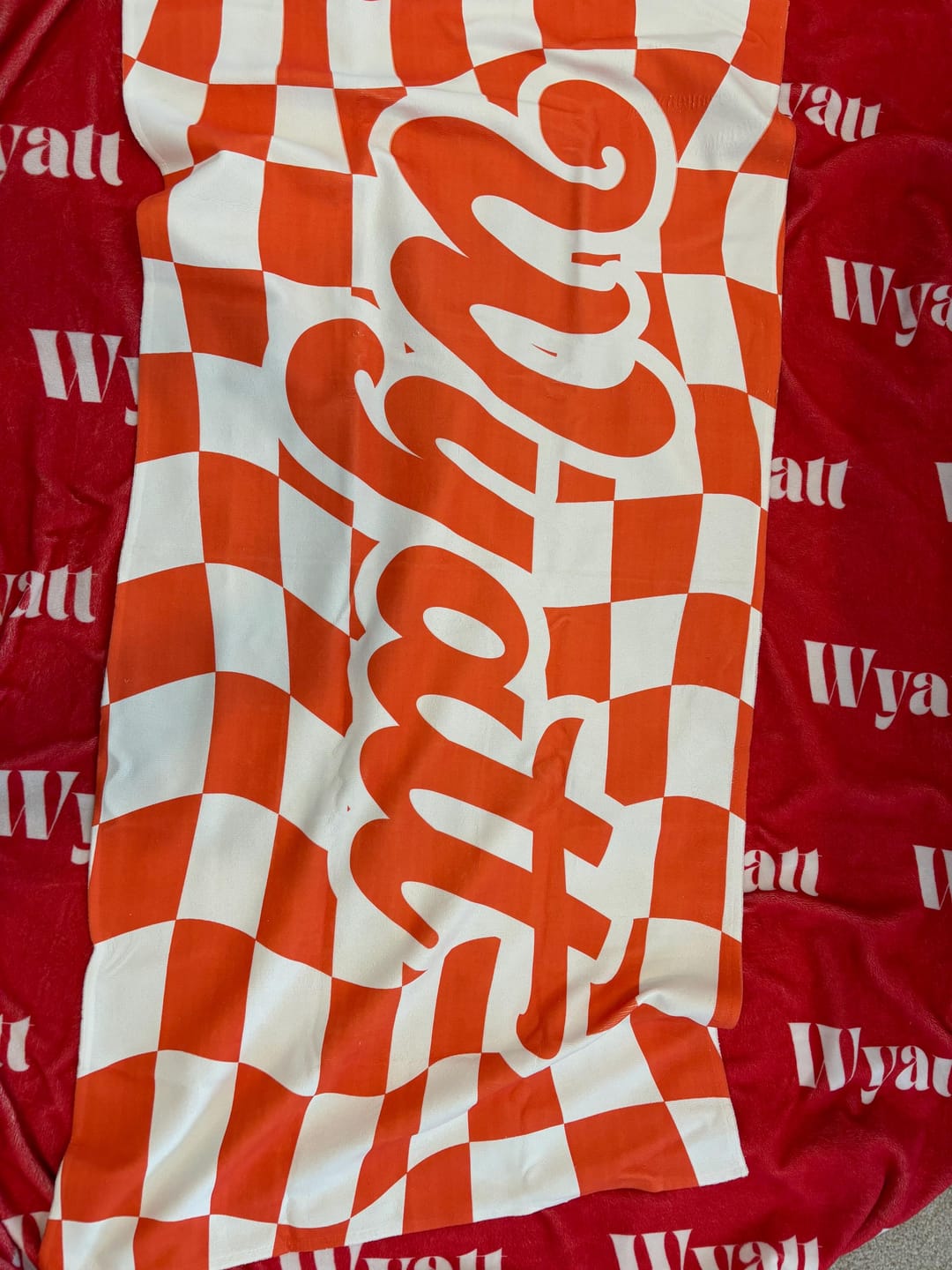 Customer photo review of Personalized Retro Checker Beach Towel: Custom Name Gift