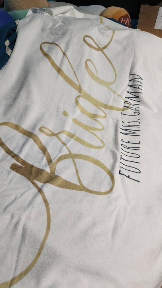 Customer photo review of Personalized Bride Beach Towel: Gold Confetti Honeymoon Gift