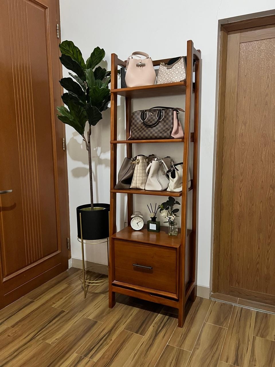 Customer photo review of Solid Teak Wood Shelf with 3 Tiers and 1 Drawer