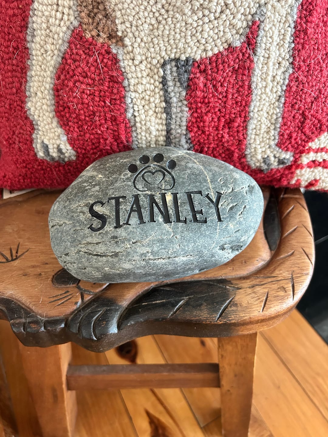 Customer photo review of Dog headstones Grave Marker Custom Engraved Pet Memorial River Rock Stone Heart Paw Print