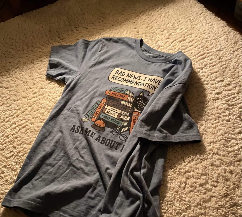 Customer photo review of Ask Me About Books T-Shirt