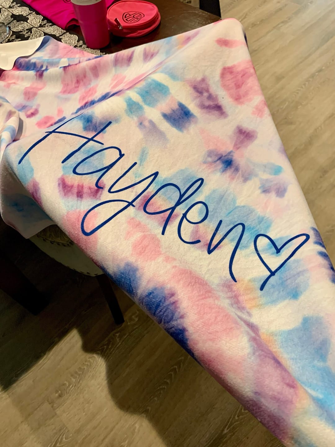 Customer photo review of Personalized Tie Dye Beach Towel: Custom Name Pool Towel