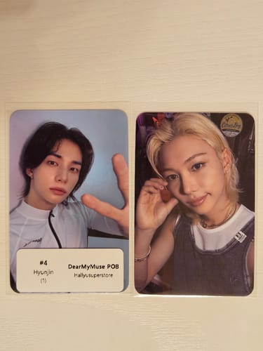 Customer's Stray Kids Dear My Muse photocards showing Hyunjin and Felix side by side.
