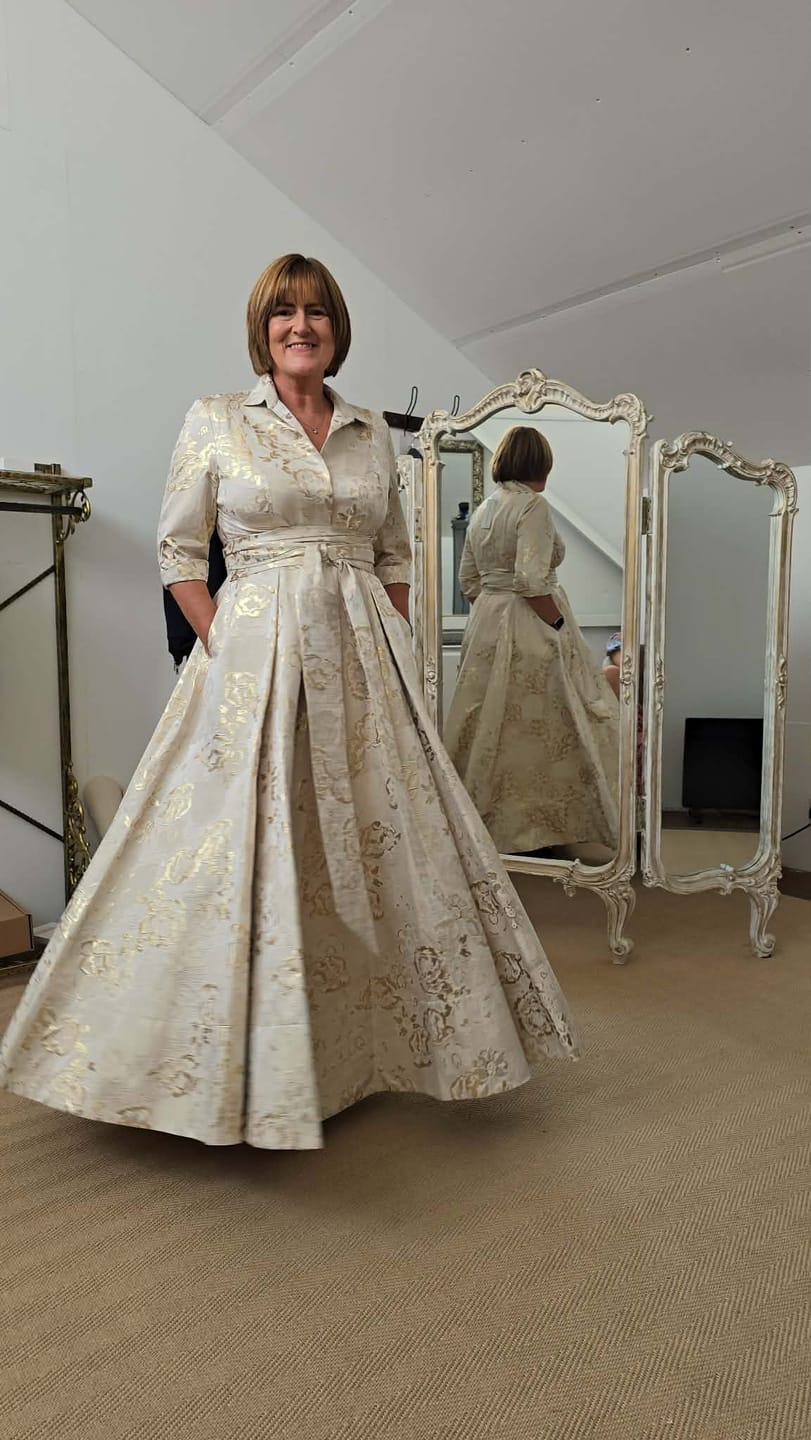 Customer photo review of 'Signature' Gold Brocade Maxi Shirt Dress