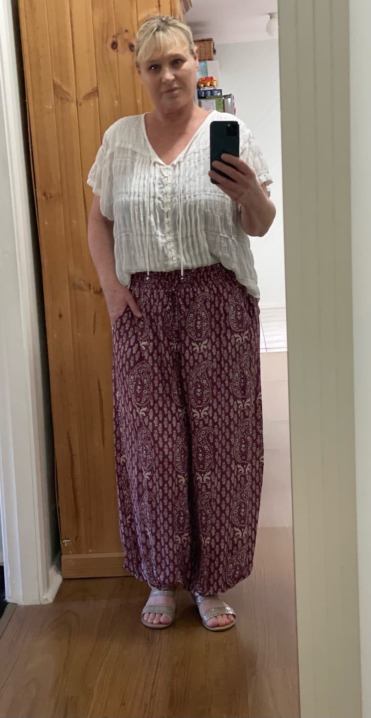 Customer photo review of Balloon Pant | Berry Block Print