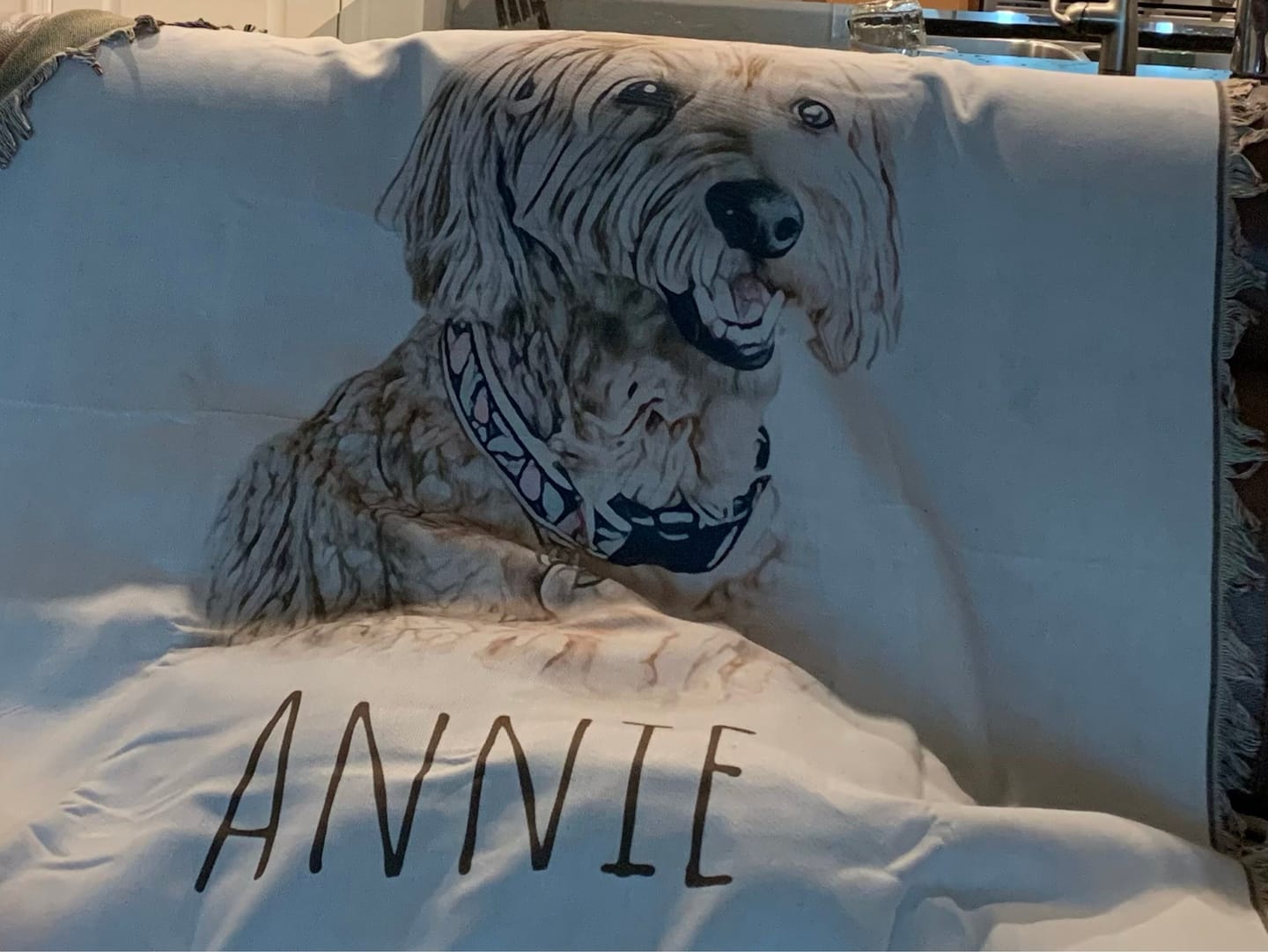 Customer photo review of Custom Pet Photo Tapestry Blanket: Woven Cotton Throw, Personalized Dog Gift