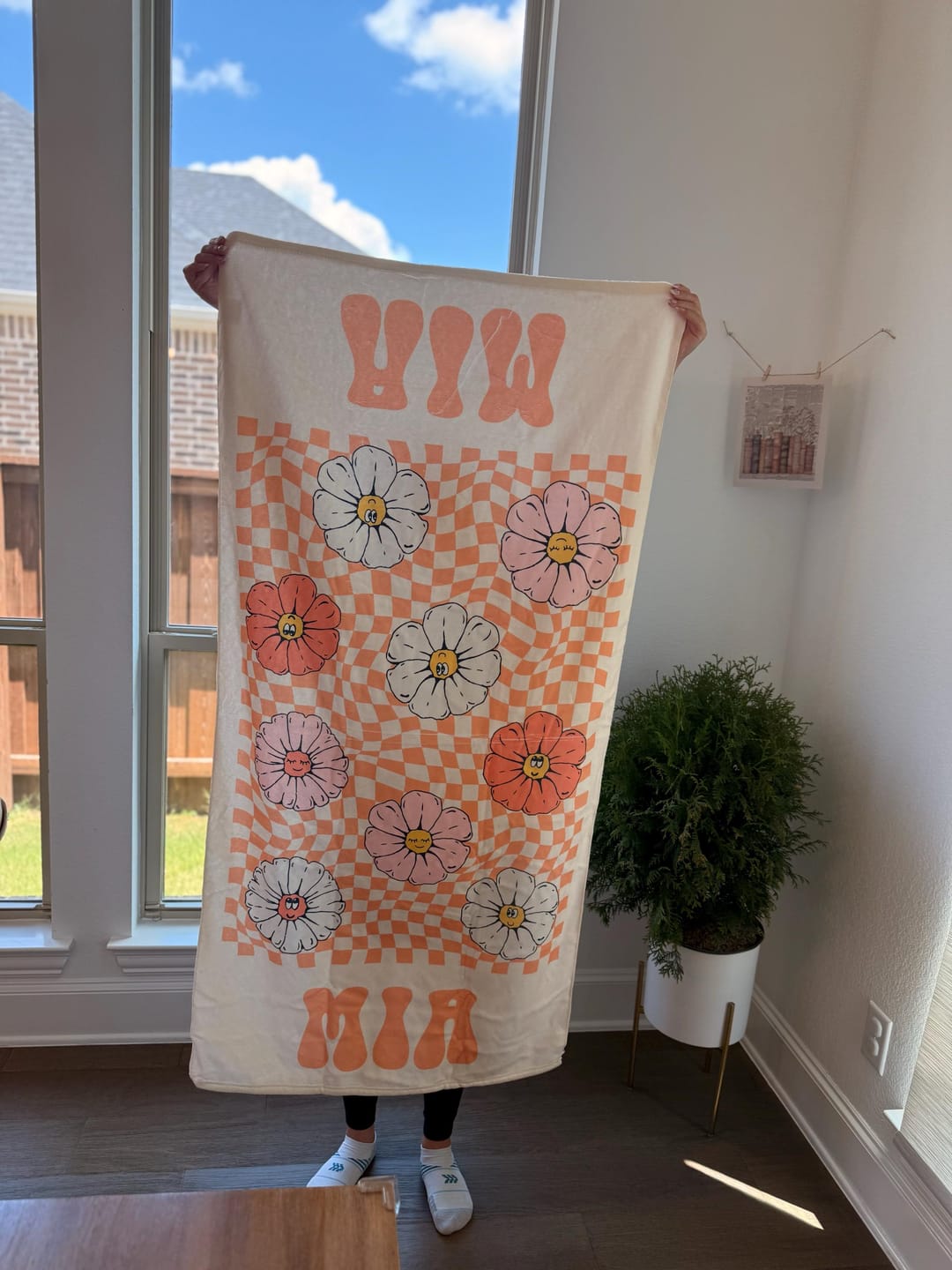 Customer photo review of Retro Floral Personalized Beach Towel: Custom Name Vacation Gift