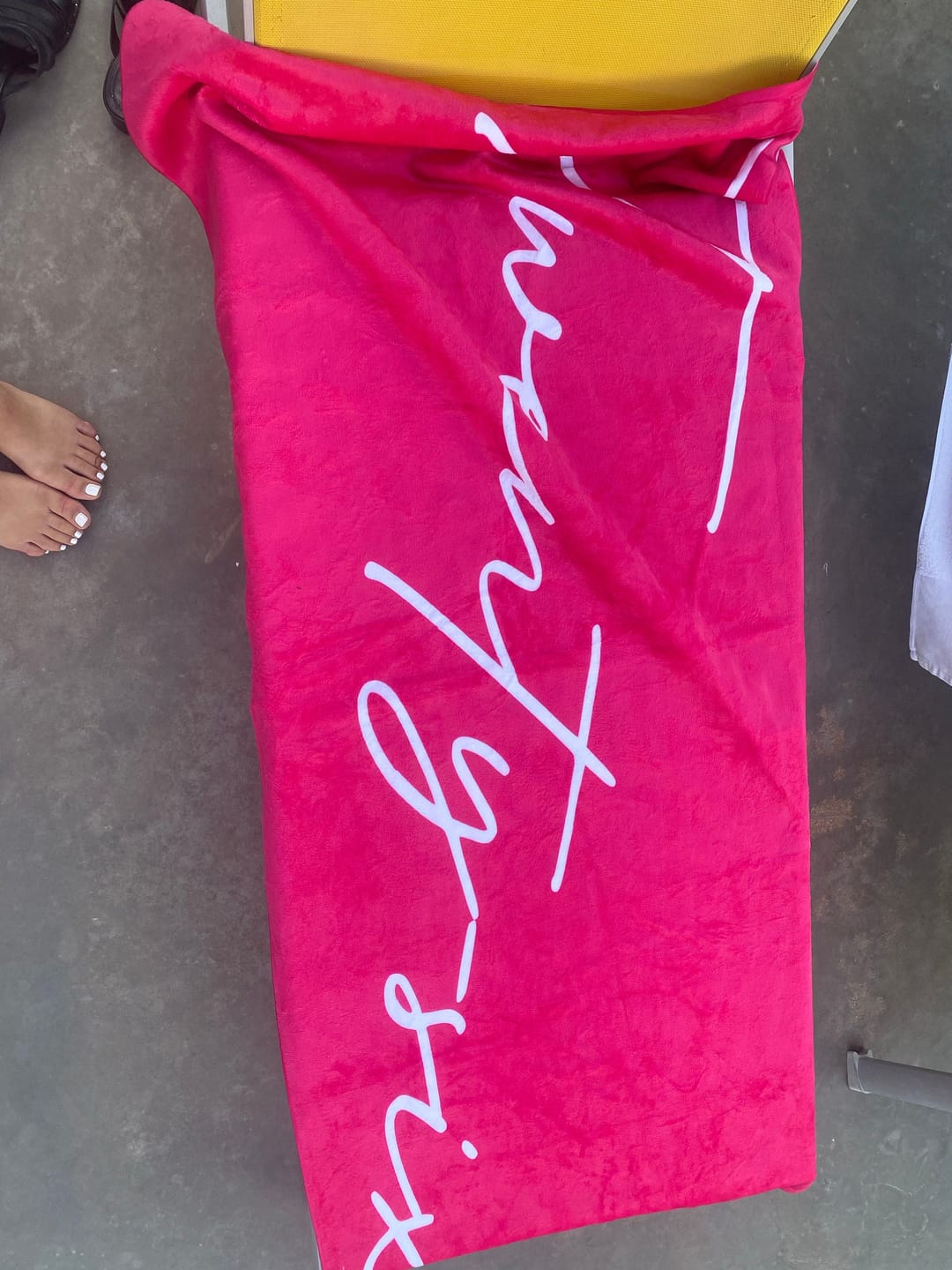 Customer photo review of Personalized Beach Towel: Custom Name, Bold Font, Vacation Gift