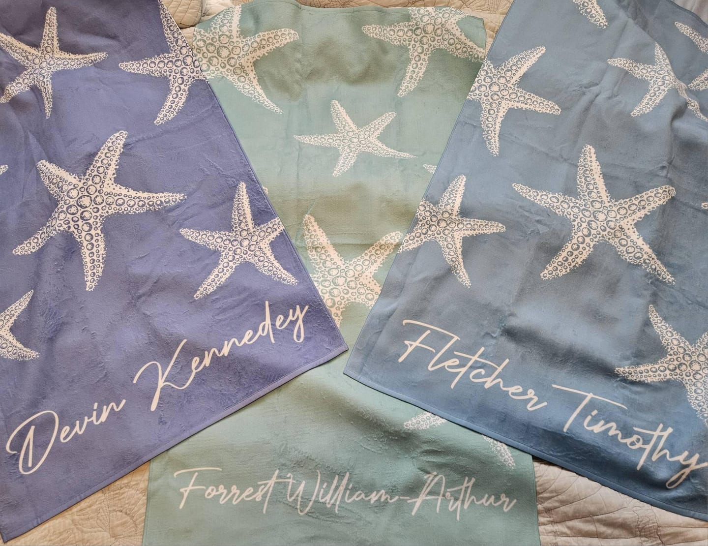 Customer photo review of Personalized Starfish Beach Towel: Custom Name, Vacation Gift