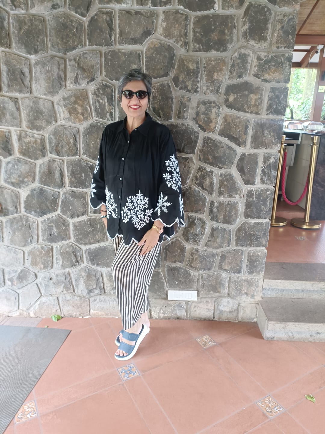 Customer photo review of comfort fit pants -Black band stripes on beige
