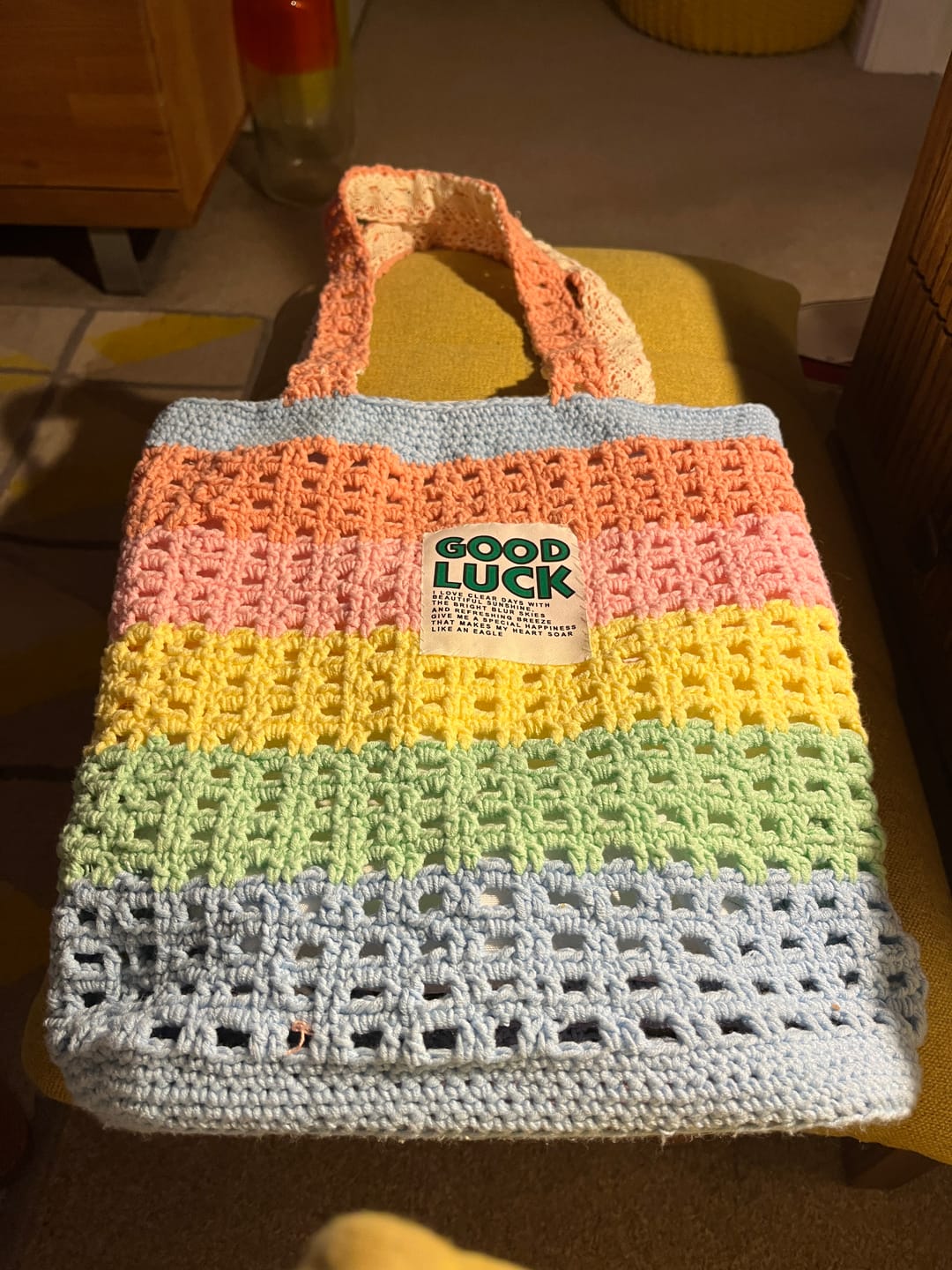 Customer photo review of Rainbow Waffle Tote crochet kit