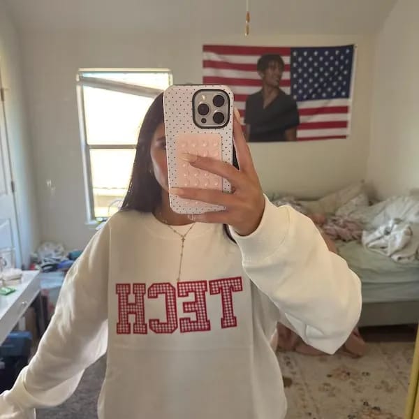 Customer photo review of Custom Patchwork Fabric Embroidered Sweatshirt Team and School Name Applique Varsity Letters