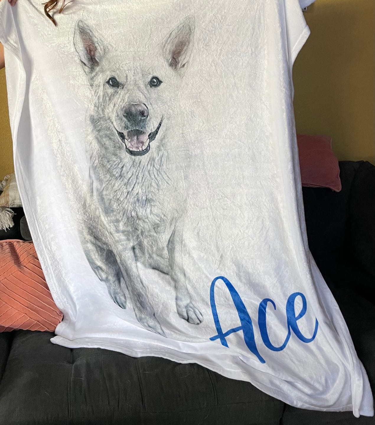 Customer photo review of Custom Pet Portrait Blanket: Personalized Dog or Cat Photo Blanket