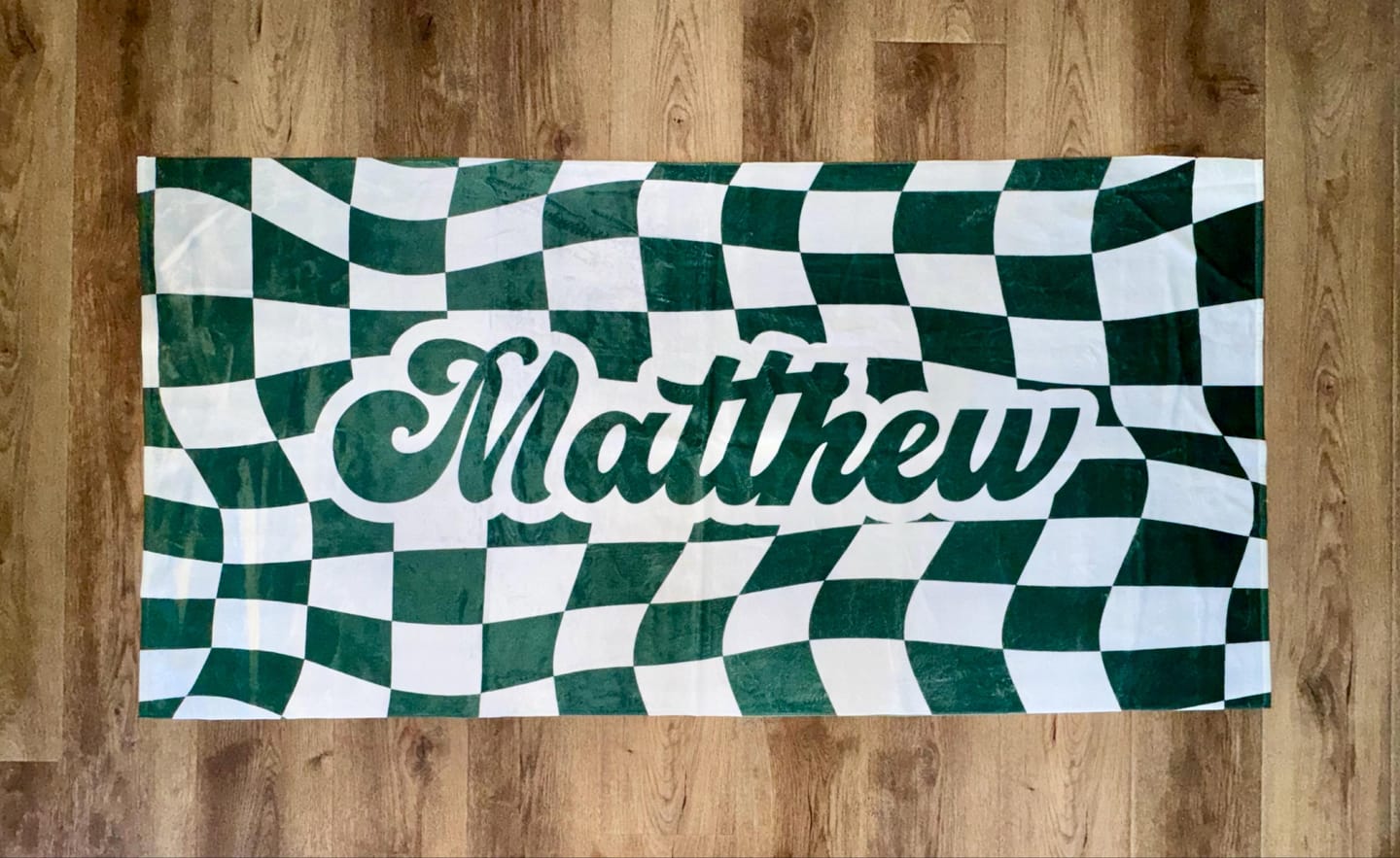 Customer photo review of Personalized Retro Checker Beach Towel: Custom Name Gift