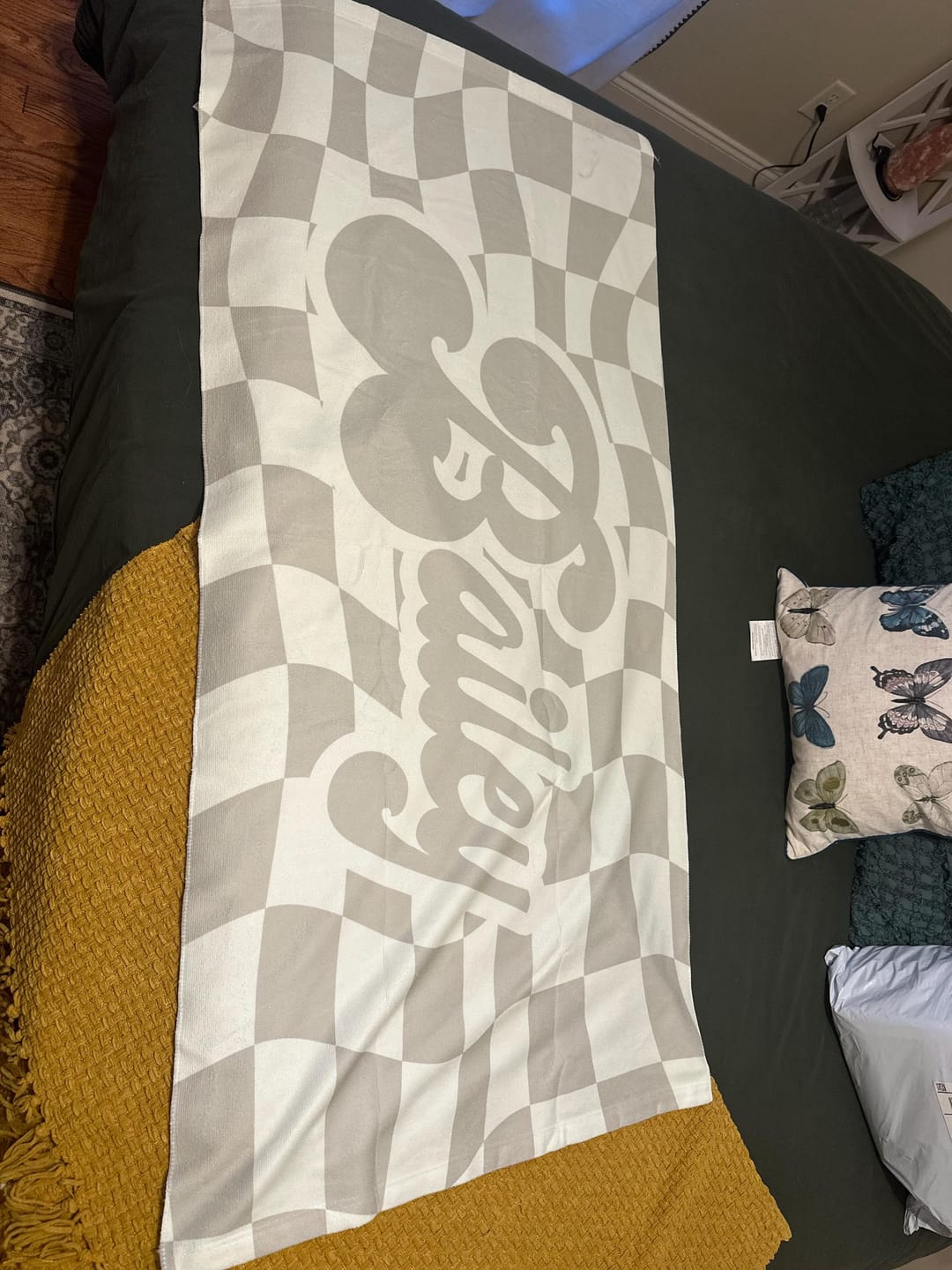 Customer photo review of Personalized Retro Checker Beach Towel: Custom Name Gift