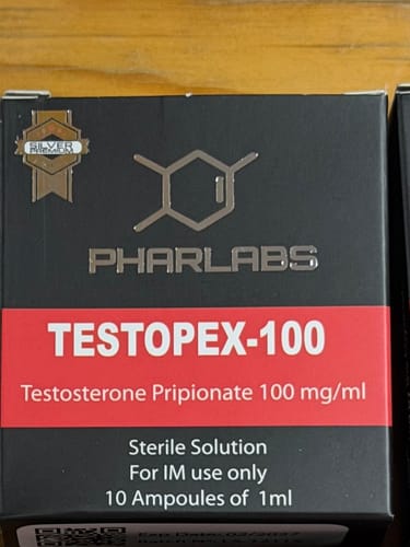 Customer's Textopex-100 Phar Labs Silver box with black and red labeling, displaying product name and specifications.