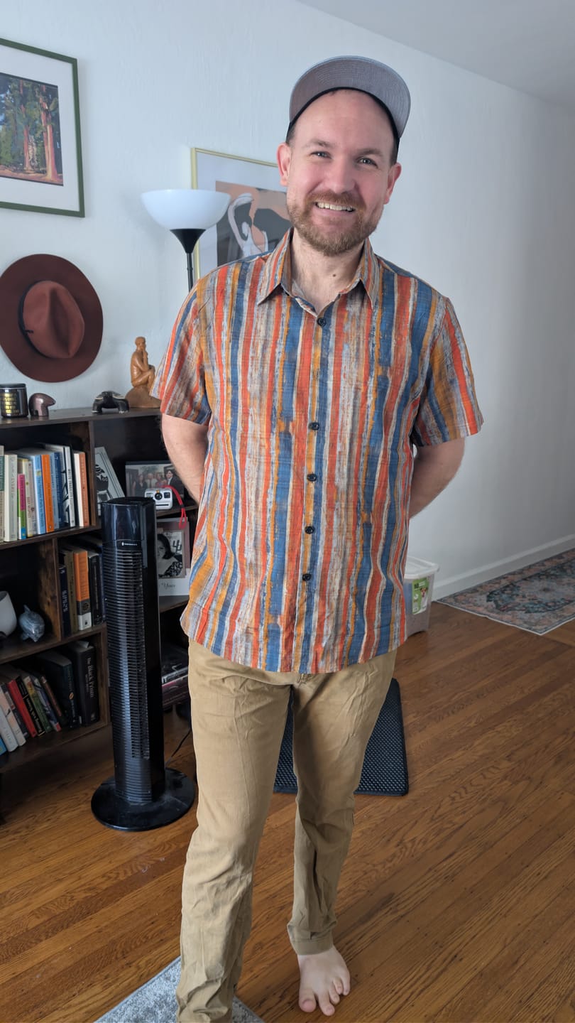 Customer photo review of Men's Casual Retro Multicolor Striped Holiday Button Up Short Sleeve Shirt