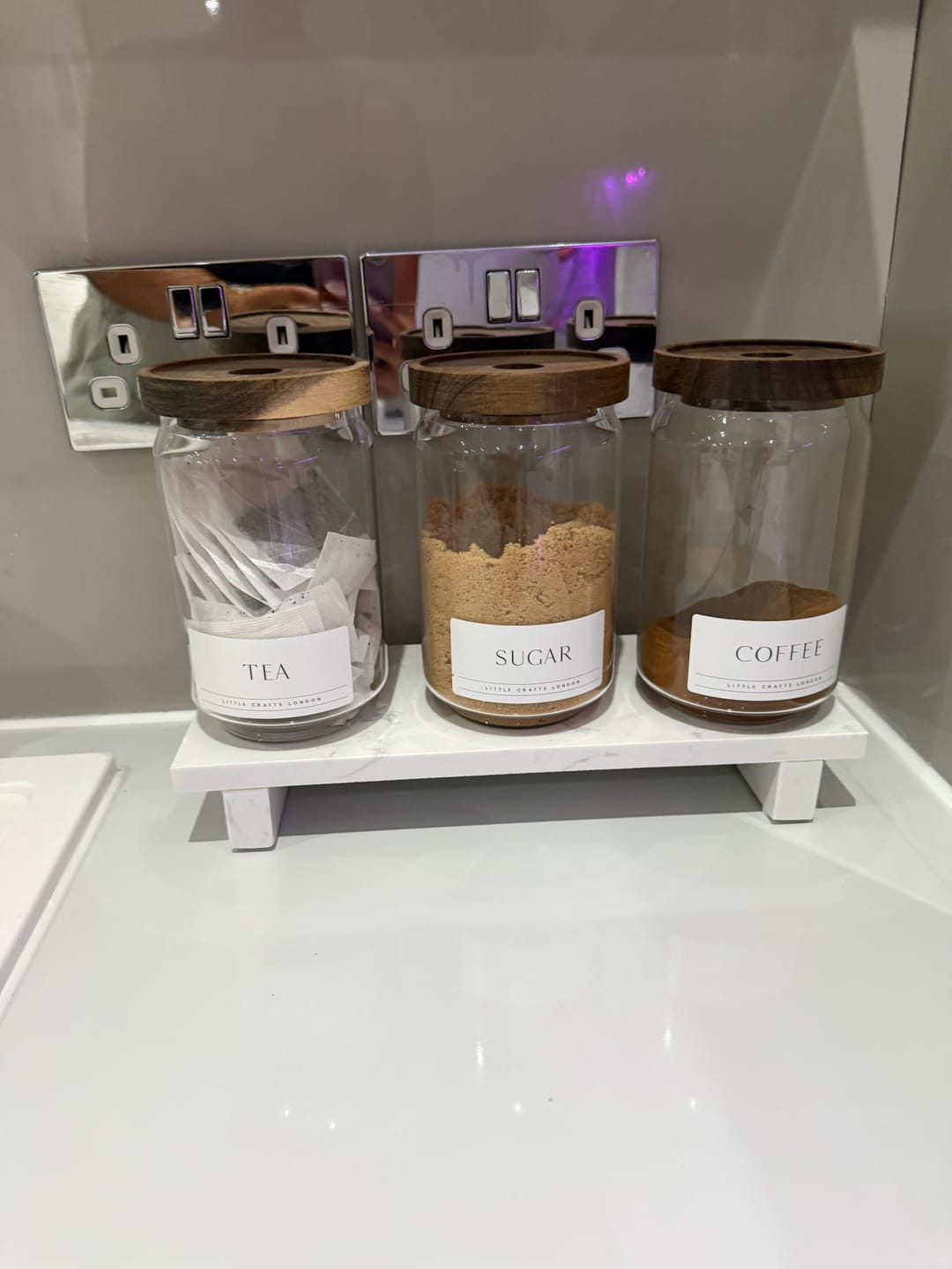 Customer photo review of Set of 3 Acacia Glass Jars Tea, Coffee and Sugar 750 ML & Rectangle Tray [LABEL SLIM]