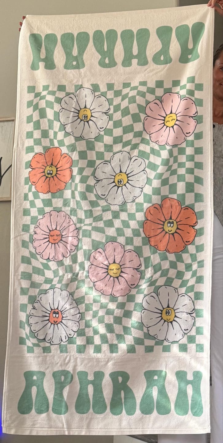 Customer photo review of Retro Floral Personalized Beach Towel: Custom Name Vacation Gift