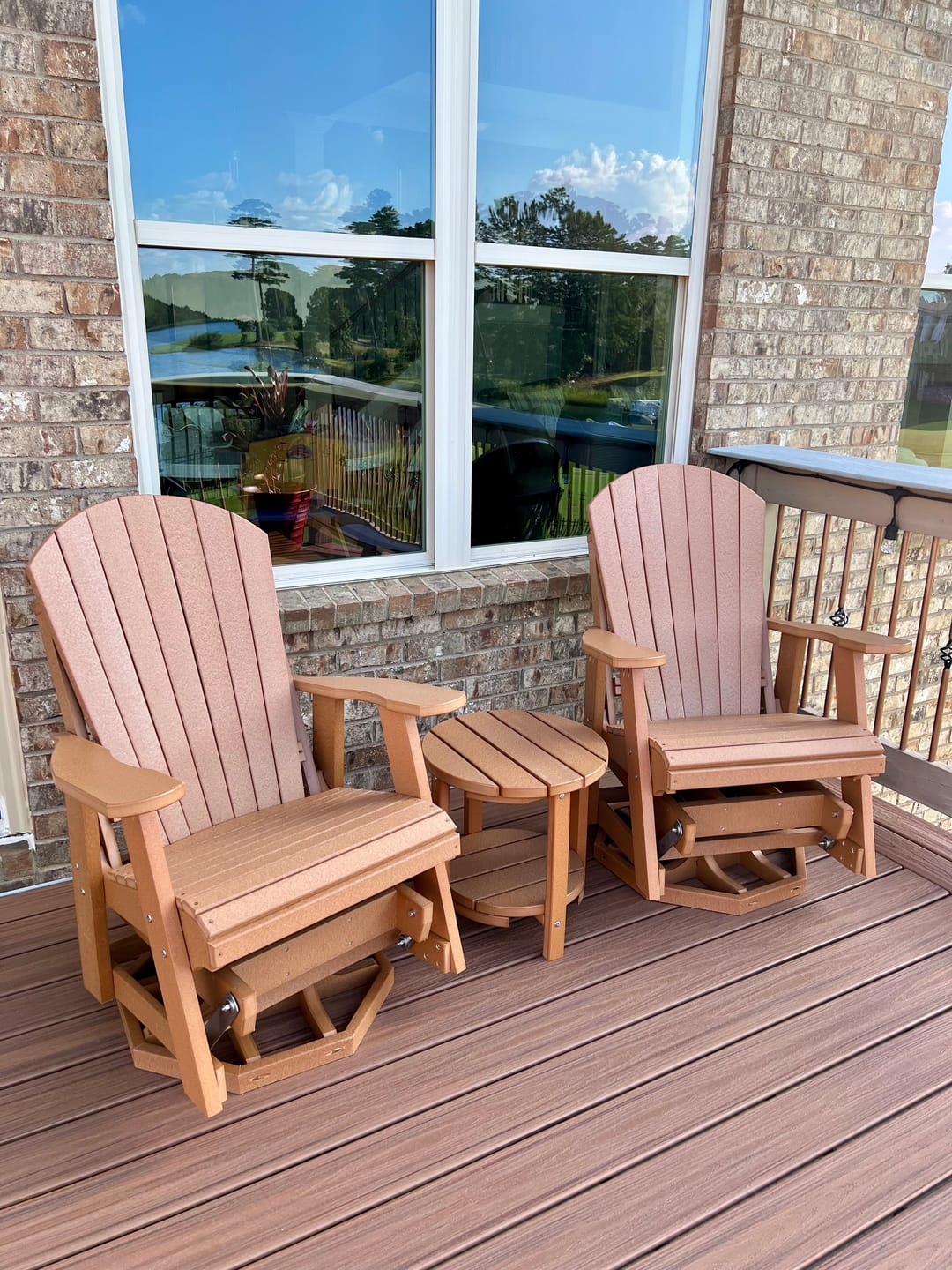 Customer photo review of 3-Piece Adirondack Swivel Gliders With Two Tier End Table