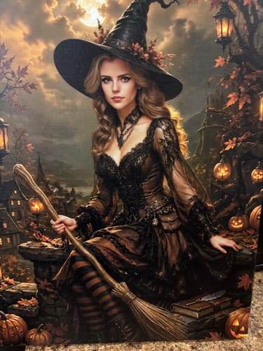 Customer's The Autumn Witch portrait print showing a young woman in a witch costume with a broomstick in a fall setting.