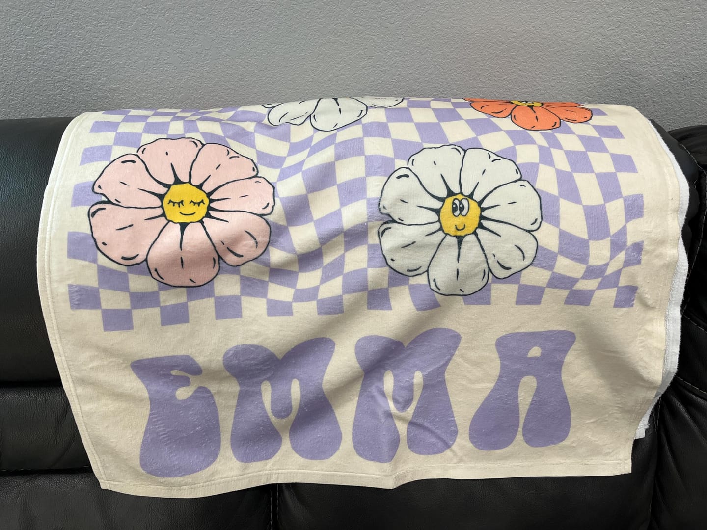 Customer photo review of Retro Floral Personalized Beach Towel: Custom Name Vacation Gift