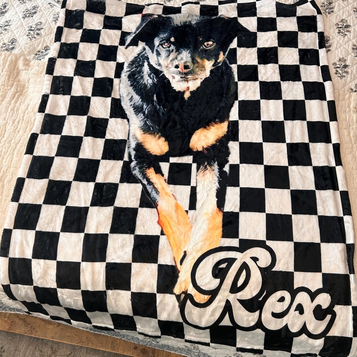 Customer photo review of Custom Pet Photo Blanket: Checkerboard Dog or Cat Blanket