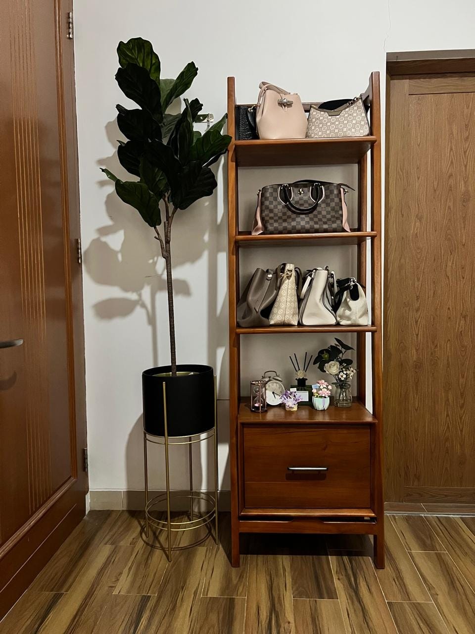 Customer photo review of Solid Teak Wood Shelf with 3 Tiers and 1 Drawer