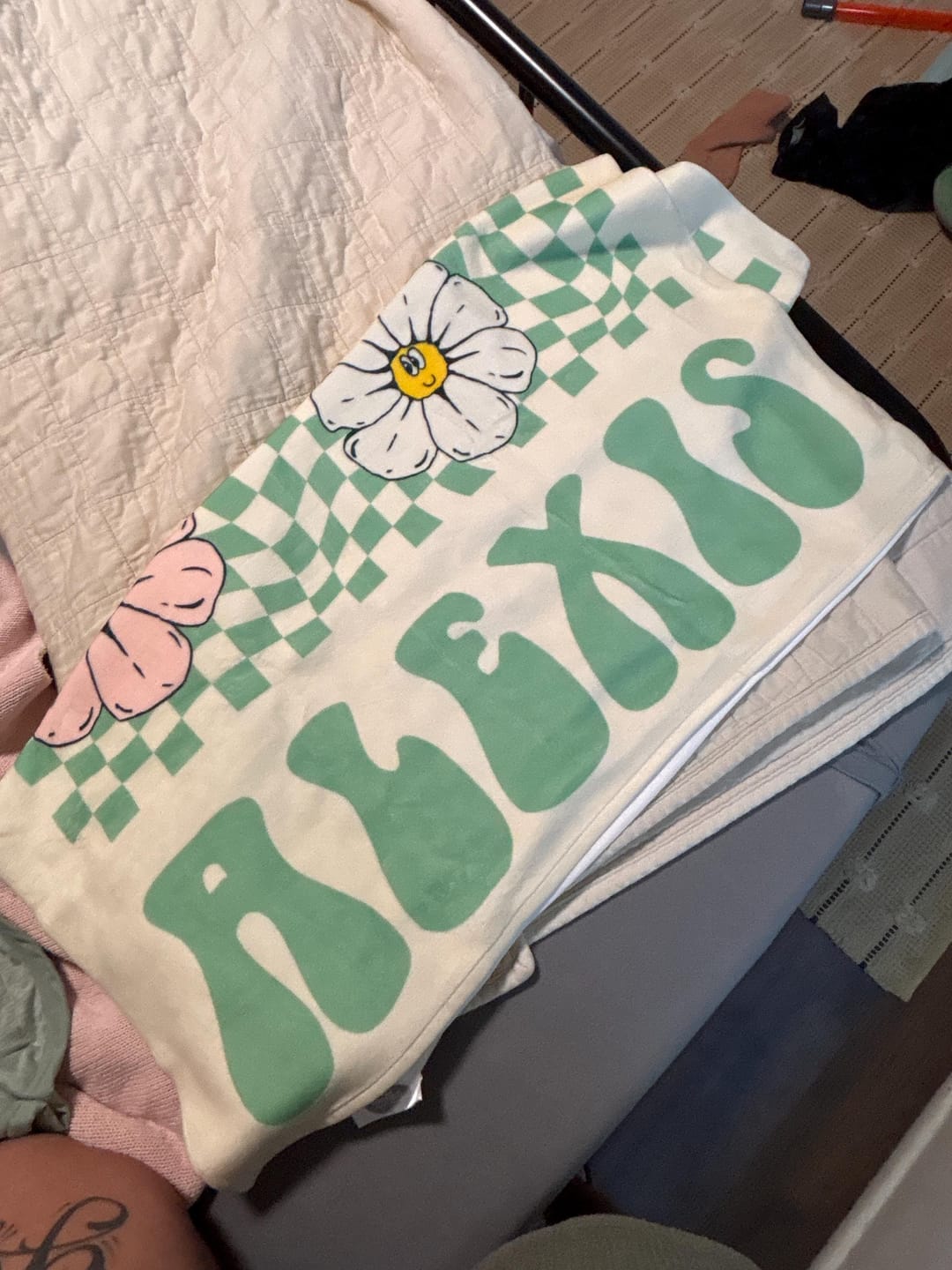 Customer photo review of Retro Floral Personalized Beach Towel: Custom Name Vacation Gift
