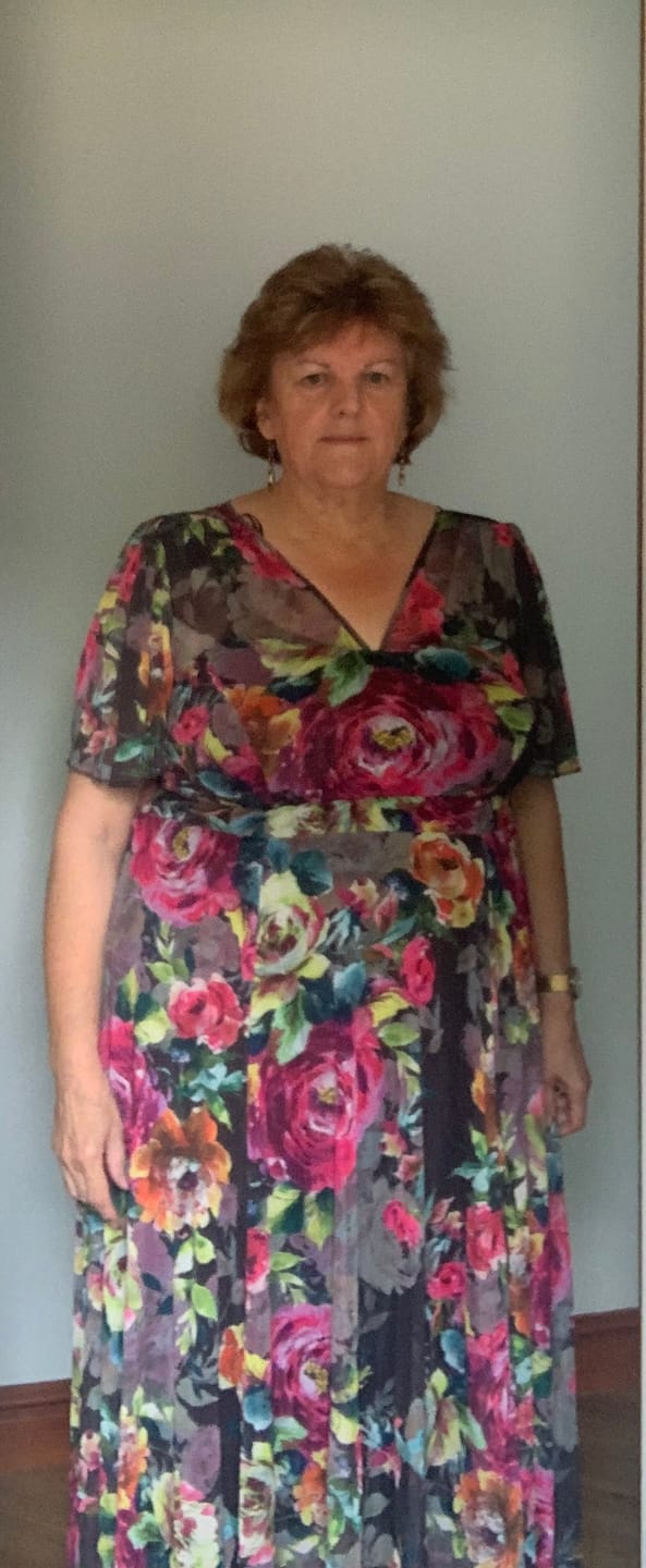 Customer photo review of Tilly Black Fuchsia Print Angel Sleeve Sweetheart Dress