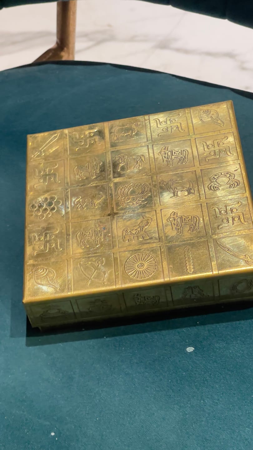 Customer photo review of Brass Manjusha Yantra Box with Partition – Vastu Remedy for Brahmasthan Correction | 16-Compartment Energy Organizer with 45 Devta Symbols | 5 & 9 Inch Sizes