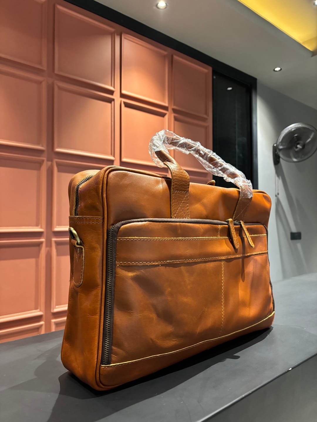 Customer photo review of Tan Leather Office Briefcase for Men and Women