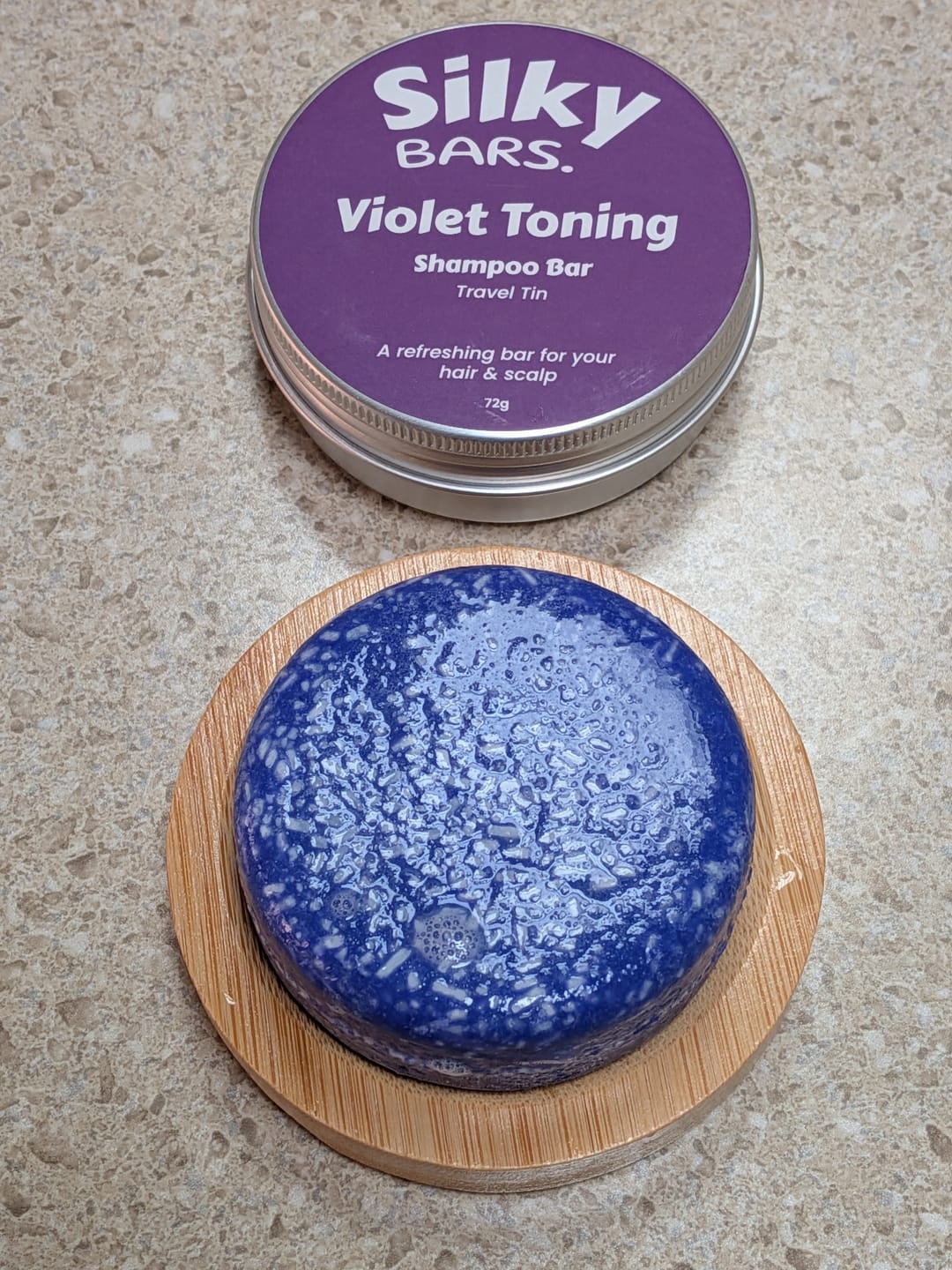 Customer photo review of Violet Toning Shampoo Bar
