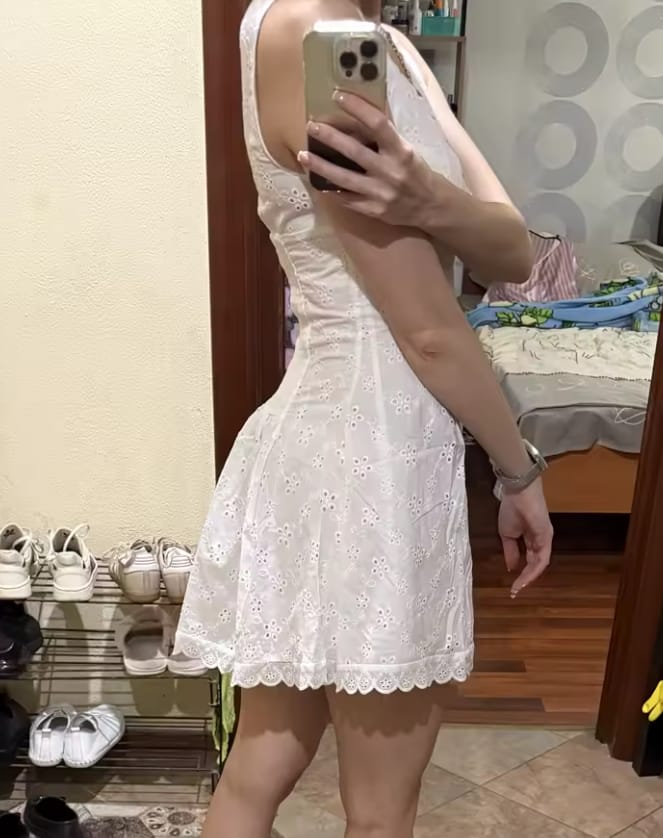 Customer photo review of Isla Eyelet Button-Front Fit-and-Flare Mini Dress
