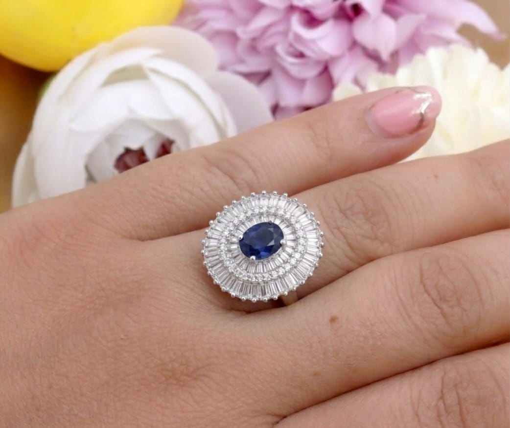 Customer photo review of Blue Sapphire Ring, Sterling Silver Ballerina Cocktail Ring, CZ Halo Statement Ring