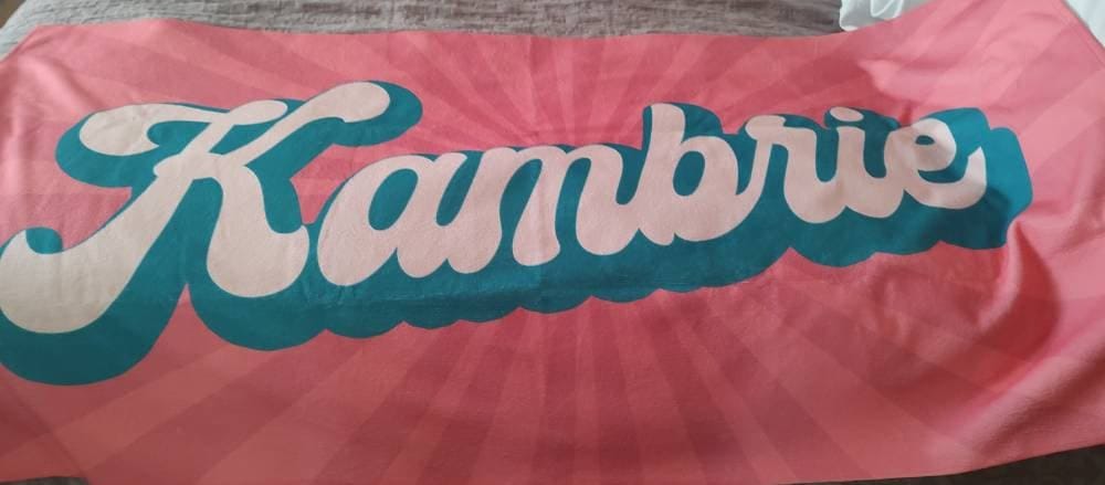 Customer photo review of Personalized Retro Beach Towel: Groovy Custom Name Bath Towel