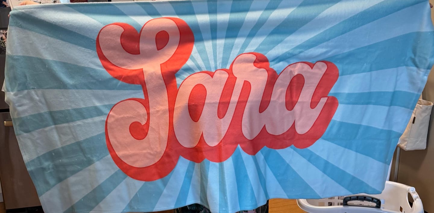 Customer photo review of Personalized Retro Beach Towel: Groovy Custom Name Bath Towel