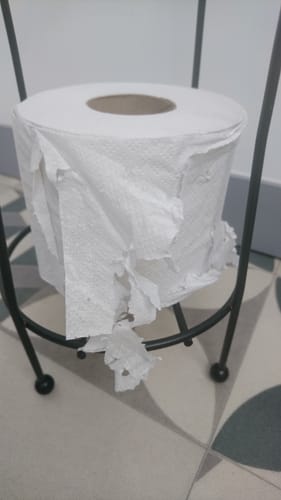 Customer's Papier Toilette DOUBLE Épaisseur rouleau de papier blanc dans un porte-papier métallique sur carrelage.