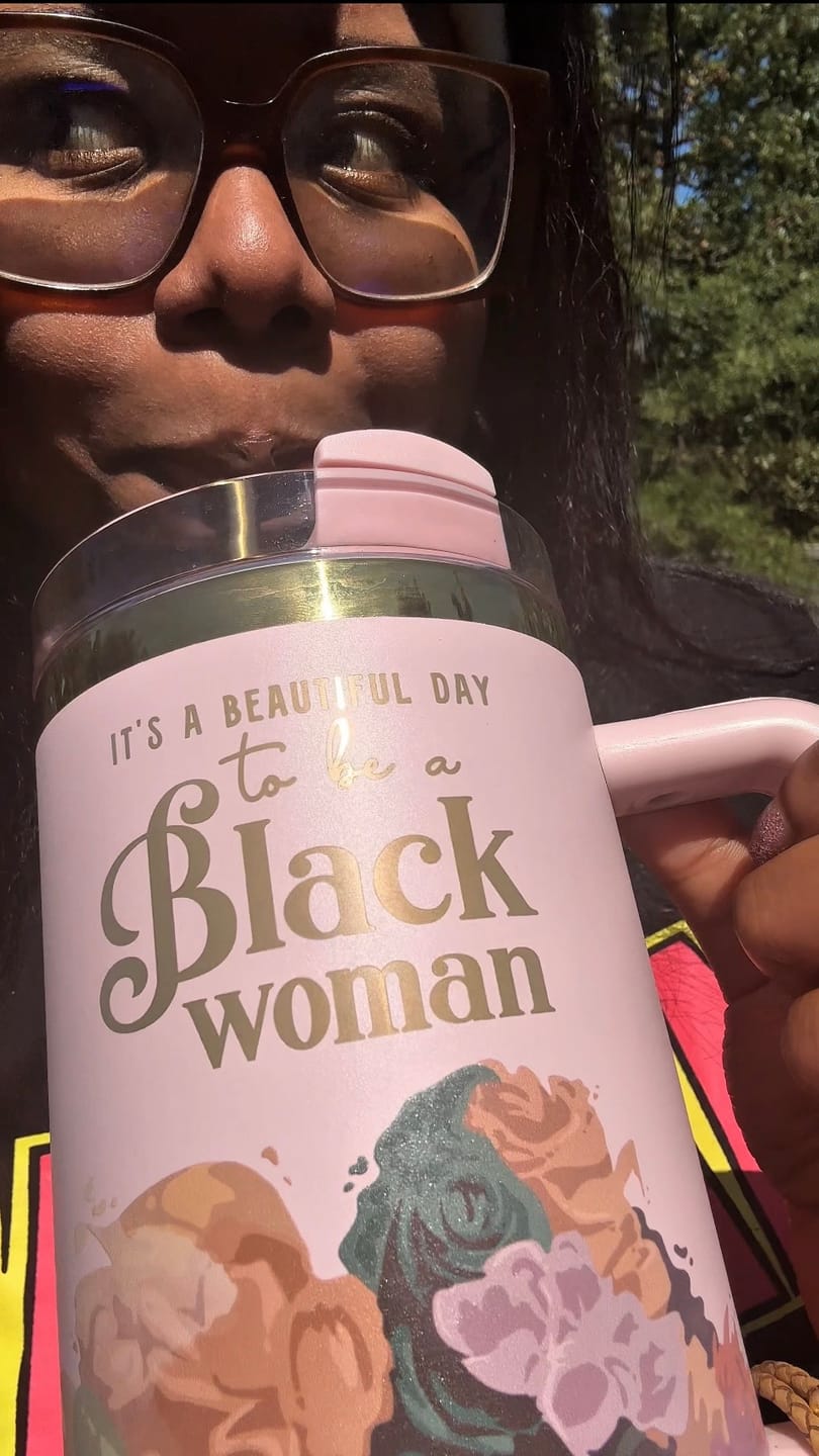 Customer photo review of Pink "Royalty Blossomed" FlowSip™ Insulated Tumbler – It's a Beautiful Day to Be a Black Woman