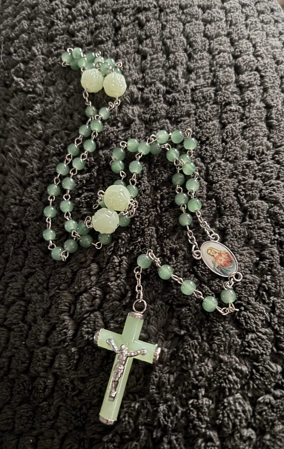 Customer photo review of FREE Today: Jade & Luminous Rose Our Father Beads Glowing Faith Rosary: A Divine Companion