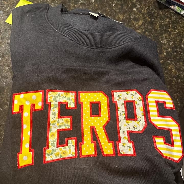 Customer photo review of Custom Patchwork Fabric Embroidered Sweatshirt Team and School Name Applique Varsity Letters
