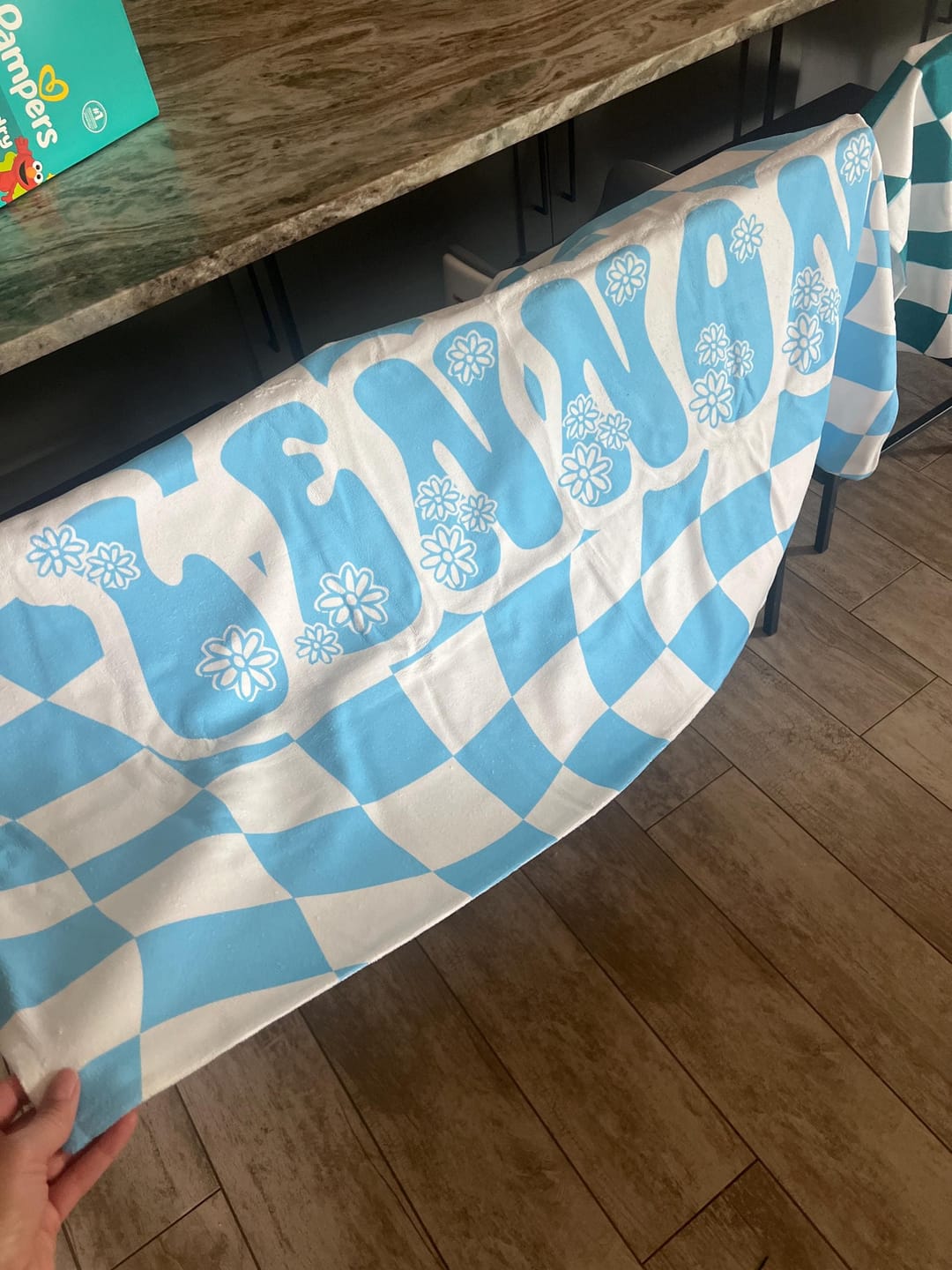 Customer photo review of Personalized Retro Checker Beach Towel: Custom Name Gift