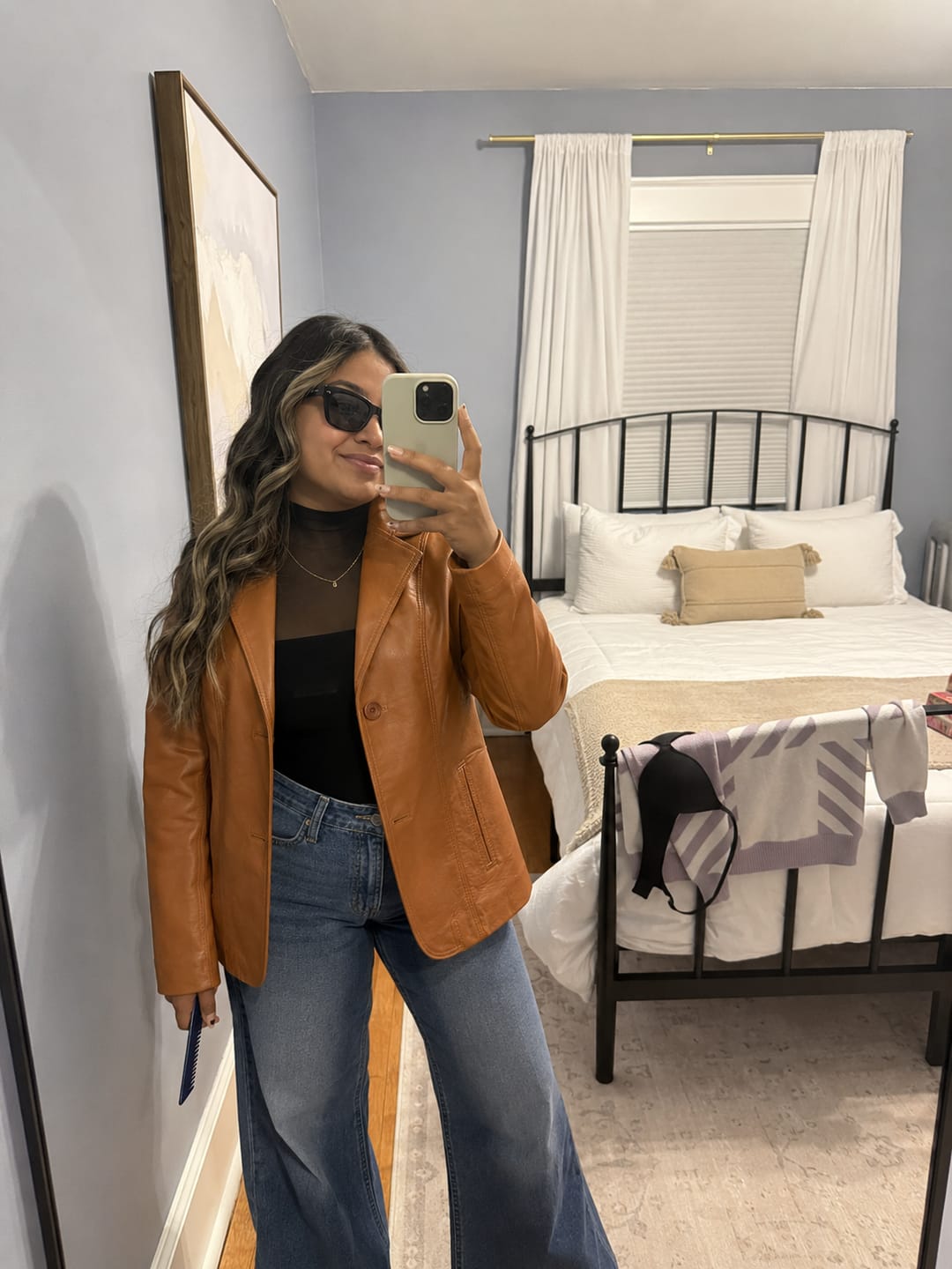 Customer photo review of Steez Tan brown Classic Leather Blazer For Women
