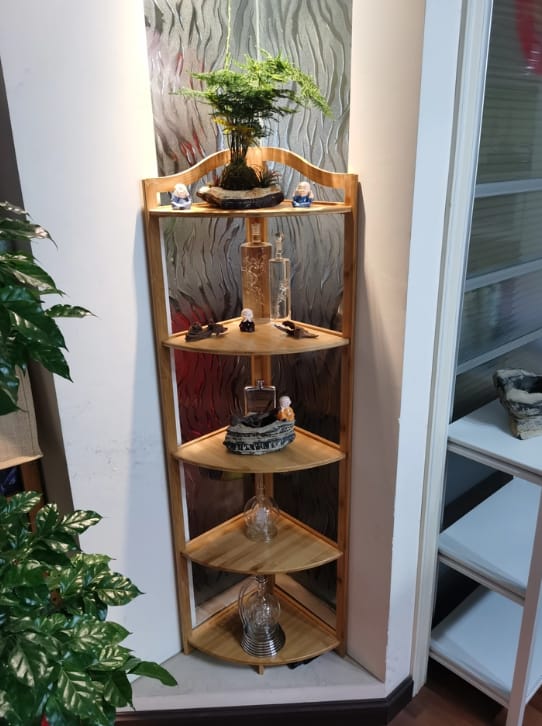 Customer photo review of Simple Open Natural Bamboo Corner Shelf Stand Bookshelf