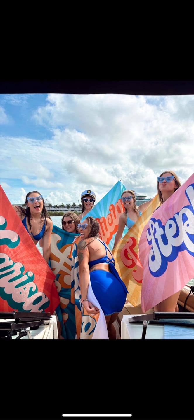 Customer photo review of Personalized Retro Beach Towel: Groovy Custom Name Bath Towel