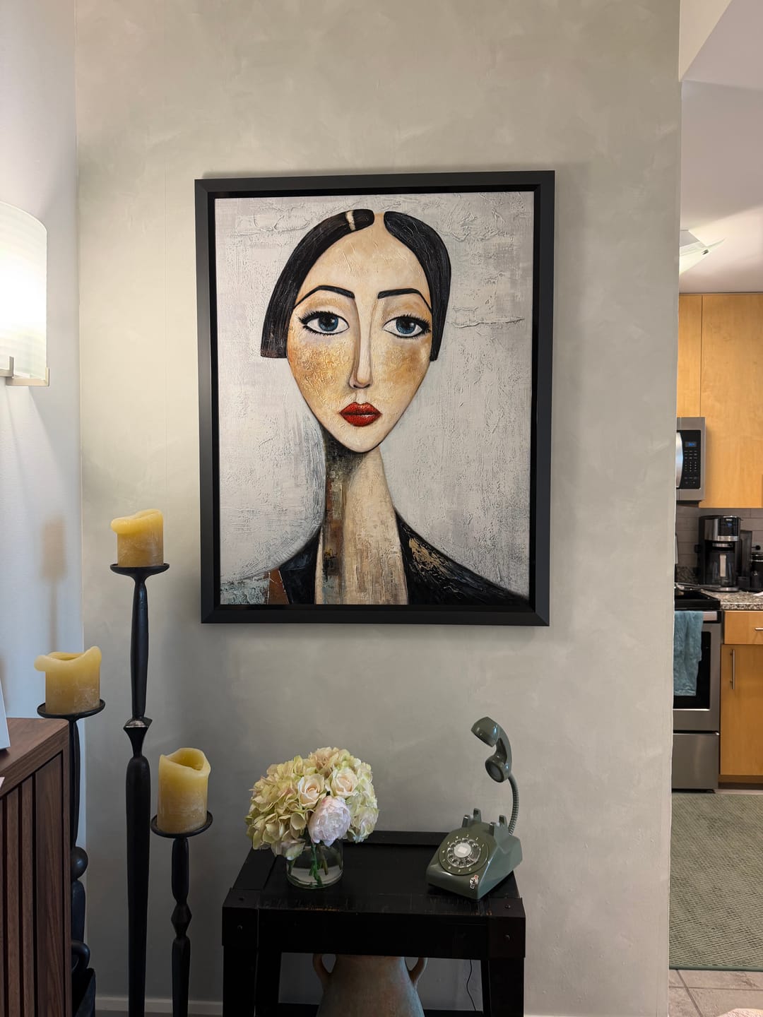 Customer photo review of The Sapphire Gaze – Expressionist Modigliani-Style Woman Portrait Painting | Retro Minimalist Living Hallway Art