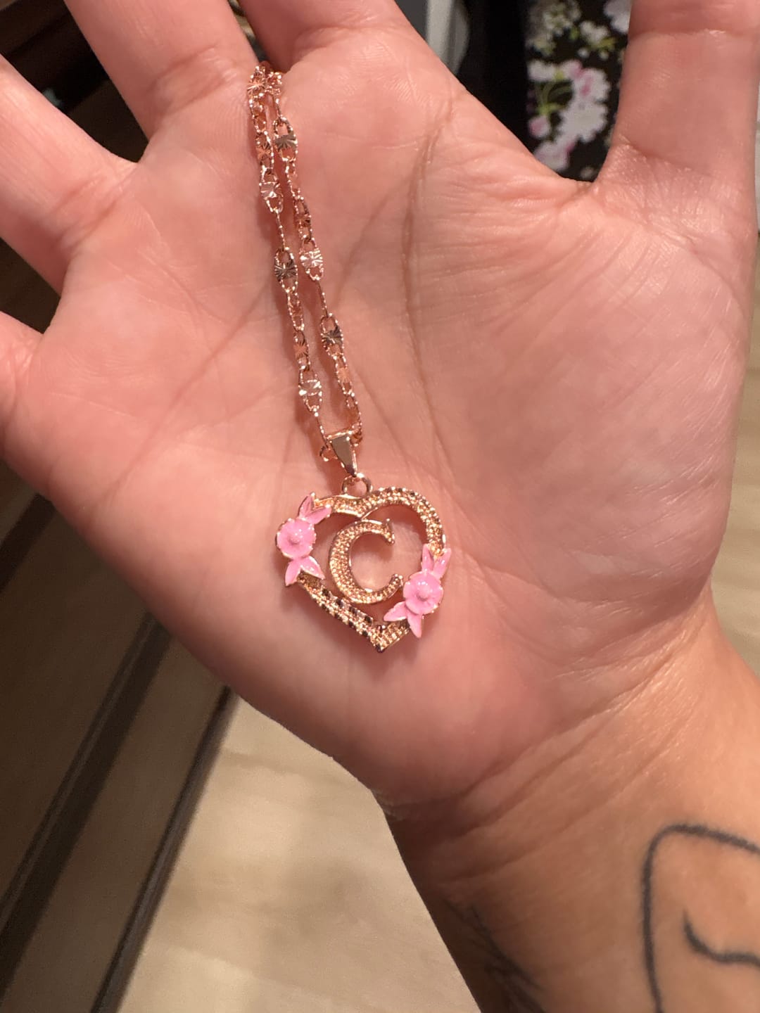 Customer photo review of Flower Initial Necklace w/ Clip Chain