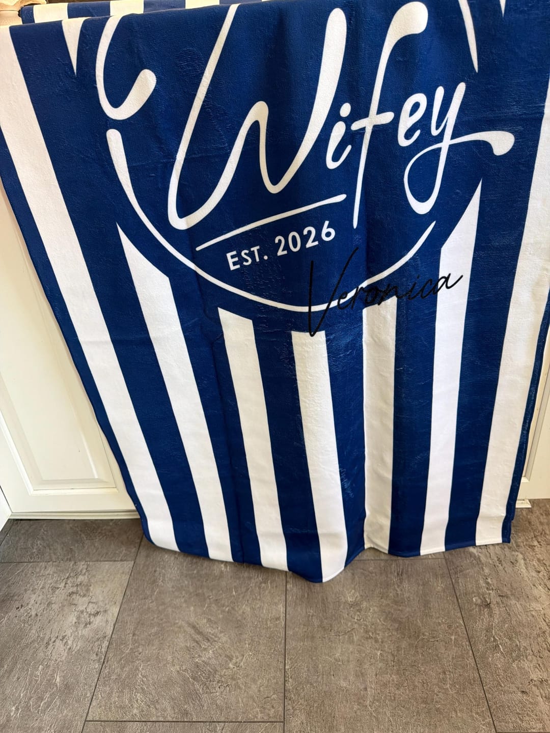 Customer photo review of Personalized Wifey & Hubby est.2026 Beach Towel: Honeymoon Gift 1pcs