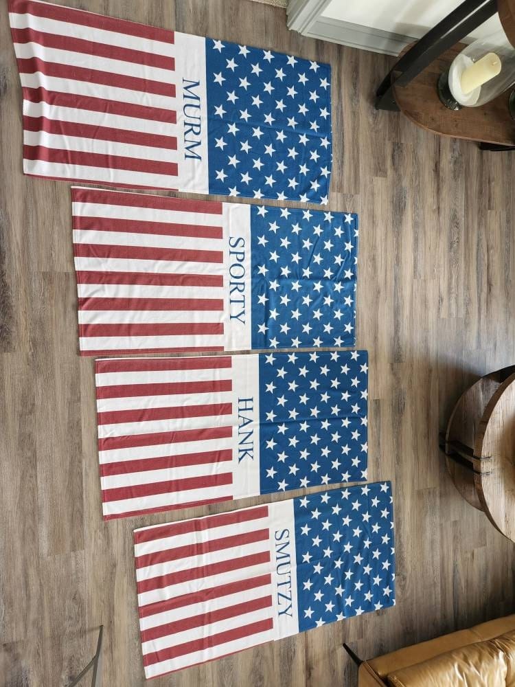 Customer photo review of Personalized US Flag Beach Towel: Custom Name, Patriotic Gift