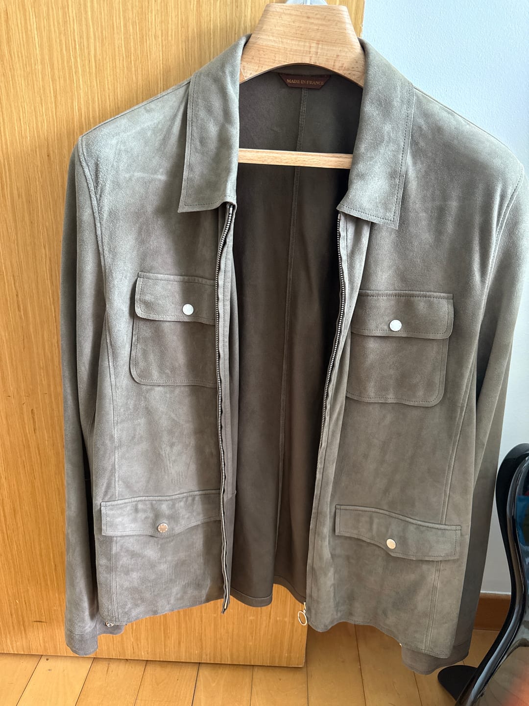 Customer photo review of SERAPHIN Olive Suede Goat Leather Unlined Field Jacket FR 50 US M